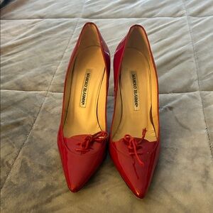 Manolo Blahnik Red Patent Pointed-Toe Pumps with Tie Detail